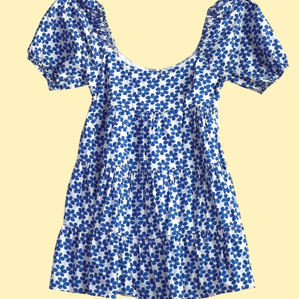 NIA Blue White Floral Daisy Tiered Mini Dress Puff Sleeve NWOT 100% cotton